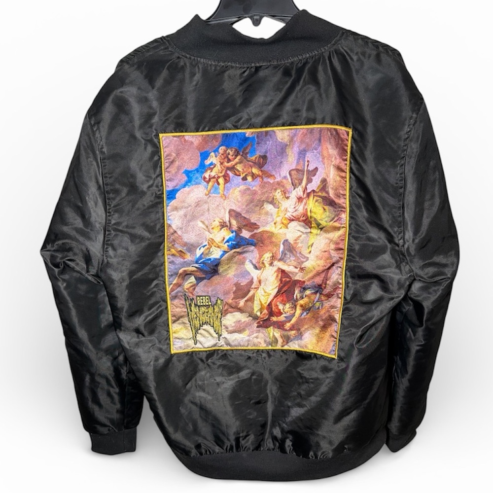 Rebel Vengeance Men’s Bomber Puffer Jacket Angel Italian Graphic Art Black Large